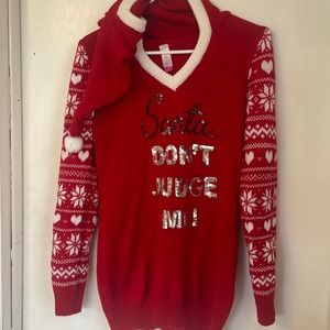 Ugly Christmas sweater with attached Santa hat size large